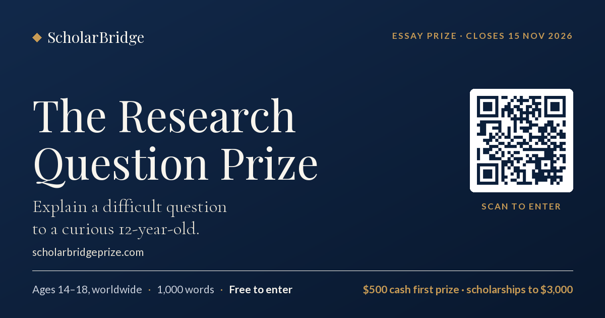 Research Question Prize graphic: a free worldwide essay competition for students aged 14 to 18, closing 15 November 2026.